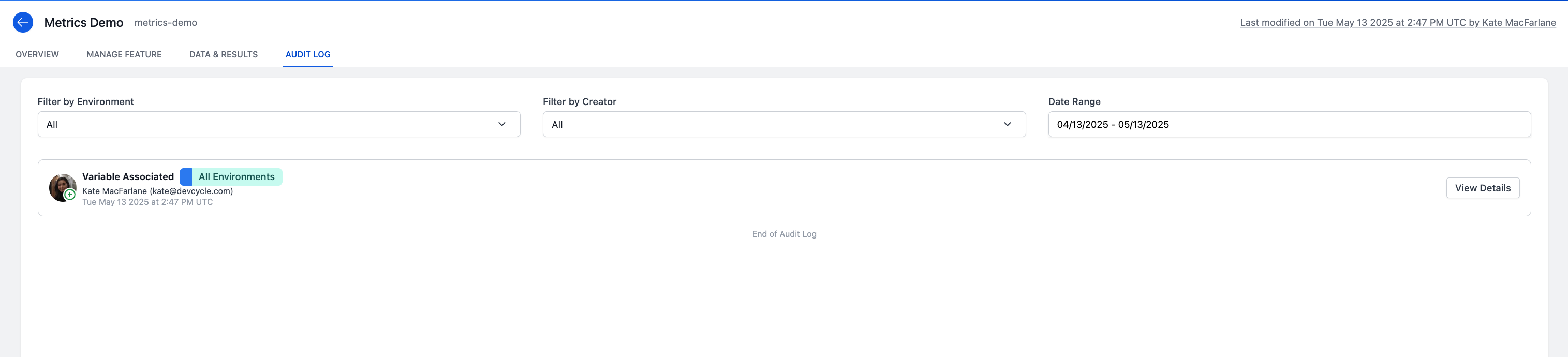 Audit Log Tab